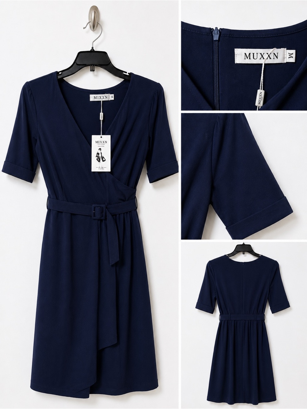 🔥MUXXN Navy Blue Wrap-Style Belted Dress